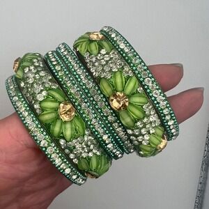 Green Crystal Bangle Set Stackable Gemstone Beaded Flower‎ Bangles Jewelry